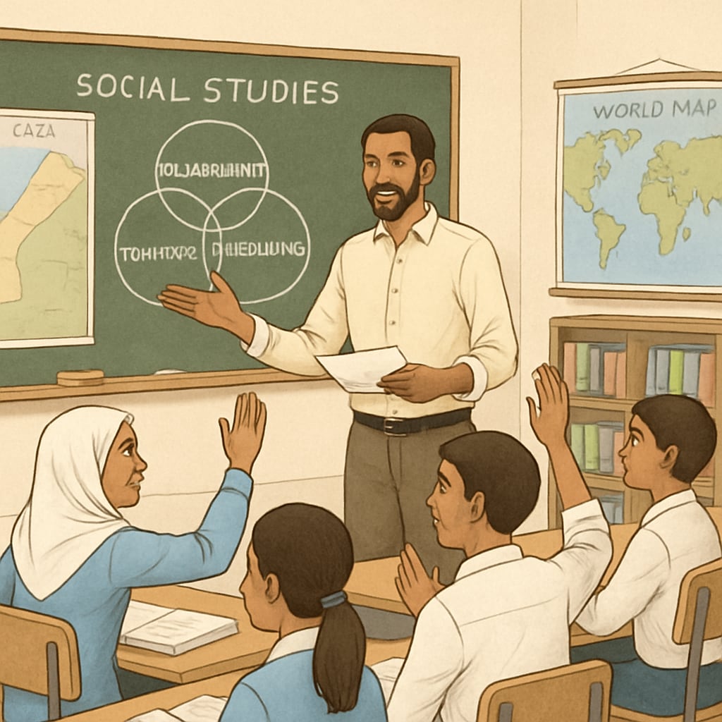 A teacher in Gaza conducting a social studies class, emphasizing collaboration and peacebuilding among students. Social studies curricula in Gaza schools, fostering peacebuilding and collaboration.