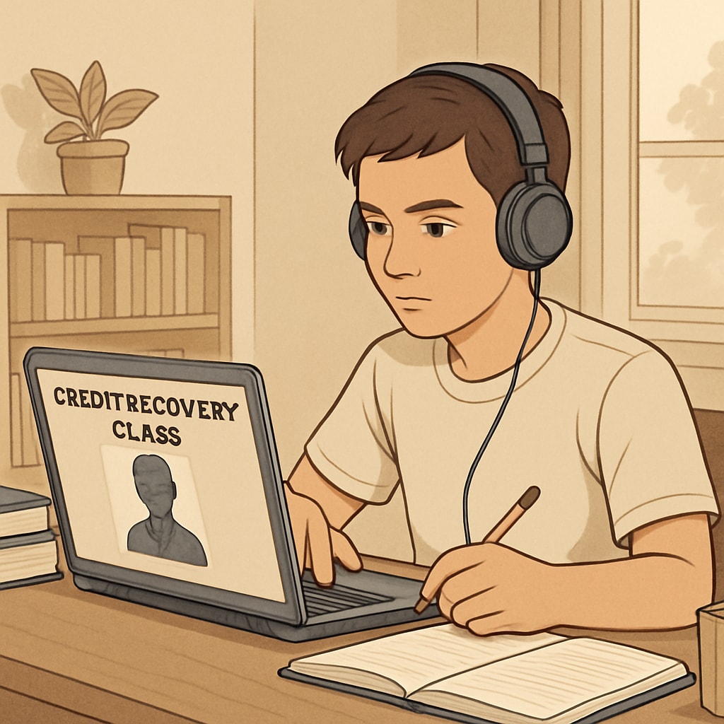 A student attending an online credit recovery class, with a laptop and headphones in a quiet home setting. High school student using online programs to recover credits.