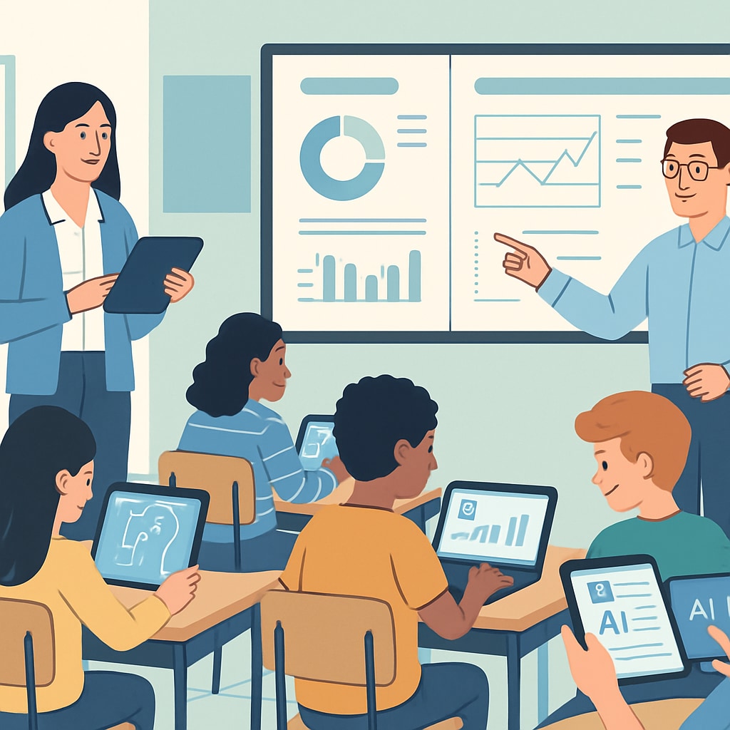 An illustration depicting a modern smart classroom with students using AI-powered devices and teachers monitoring progress in real-time. Smart classroom with students using AI-powered tools for personalized learning.