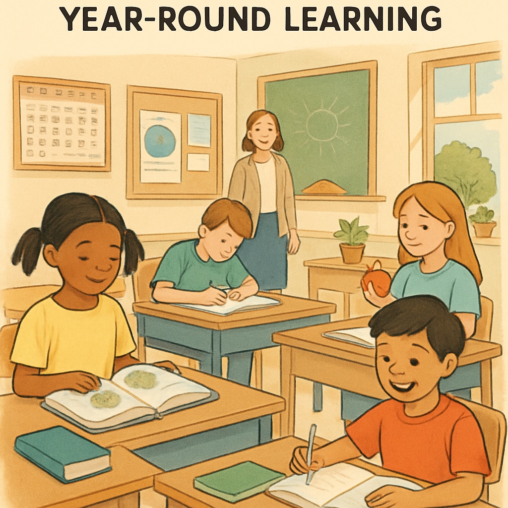 A classroom setting with students engaging in year-round learning activities, showcasing balance between study and rest. Students studying in a year-round school model to improve retention and balance development.