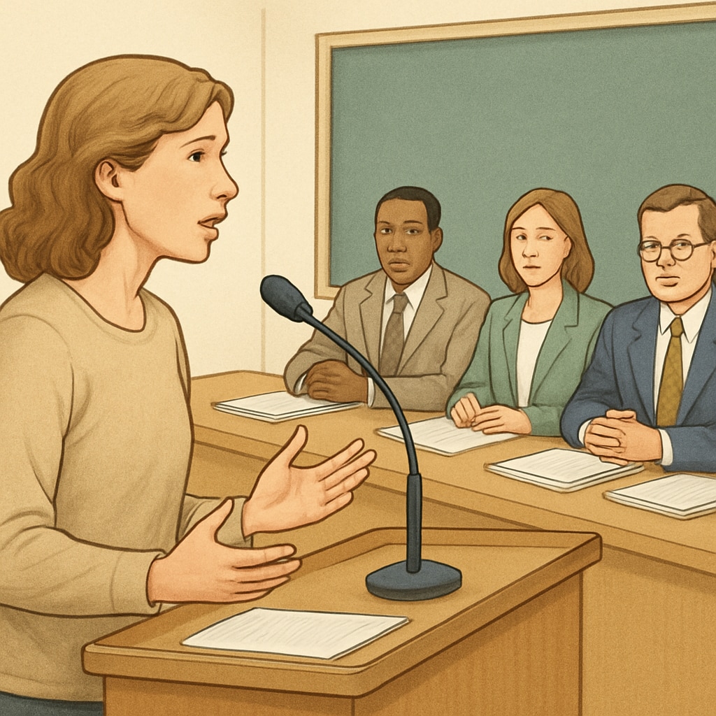A concerned parent speaking at a school board meeting to address child safety issues. Parent discussing child safety issues at a school board meeting.