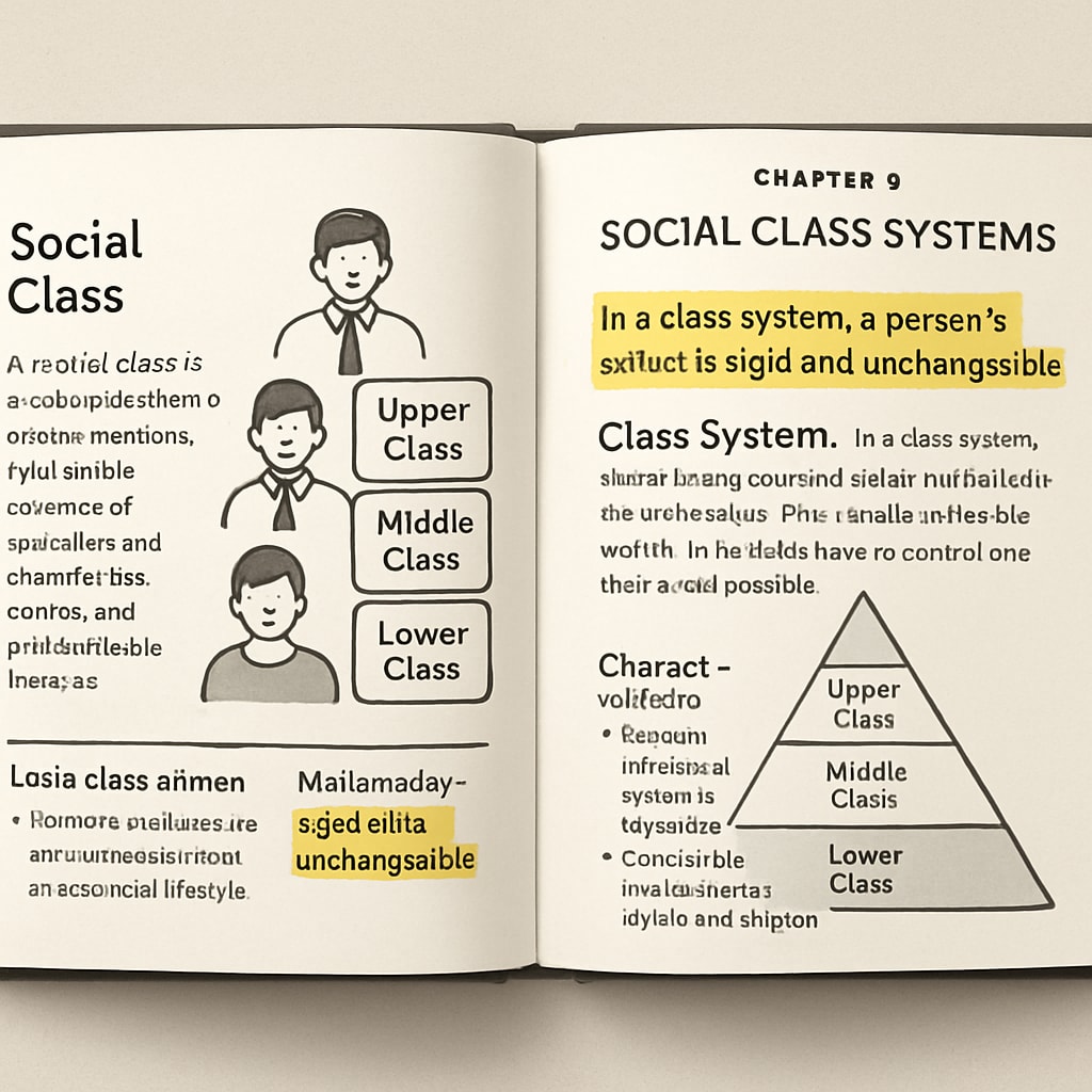 A textbook open to a chapter on social class systems, with highlighted text describing class as A textbook discussing social class systems with a focus on rigidity and immobility.