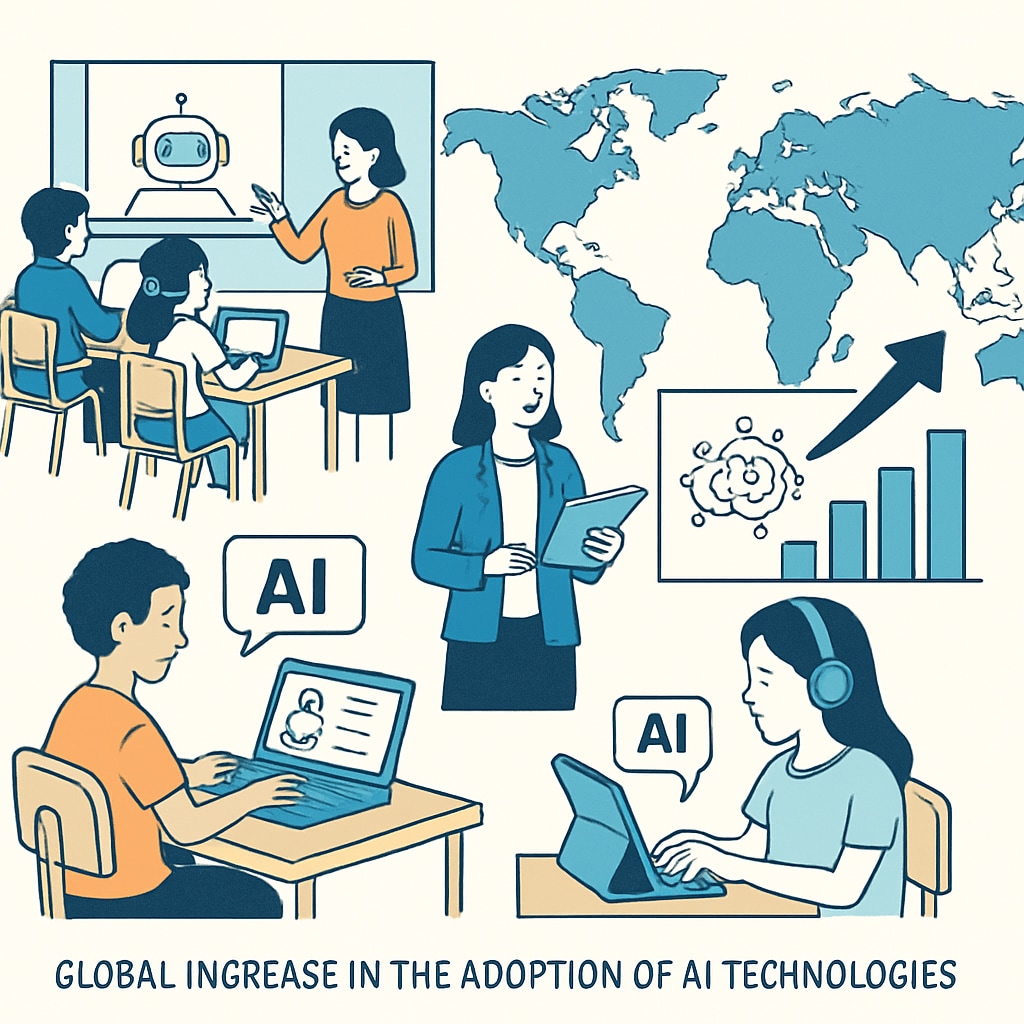 A graphical representation of the increasing adoption of AI technologies in K12 education globally. Chart showing the growth of AI adoption in global K12 classrooms.