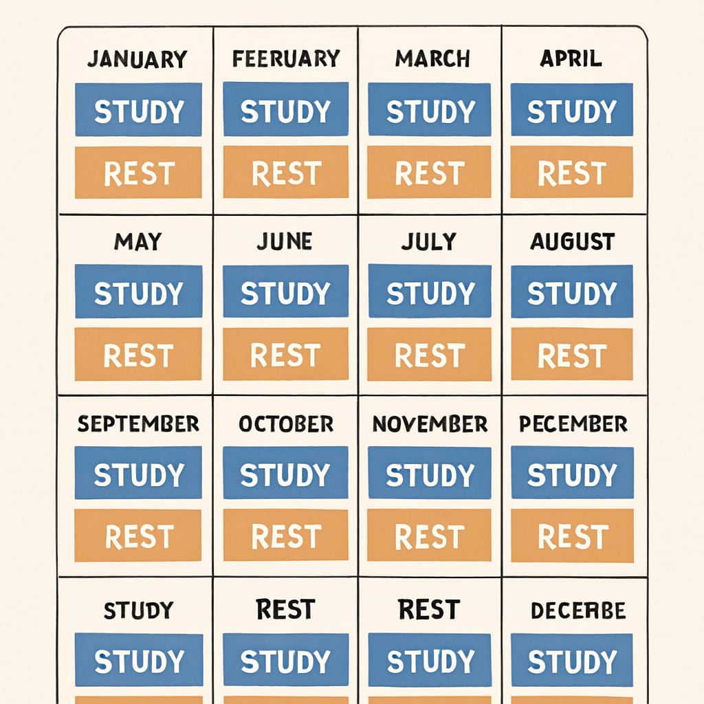 An illustration showing a year-round school calendar with alternating weeks of study and rest, emphasizing a balanced approach. Year-round school calendar promoting alternating weeks for enhanced learning and rest.