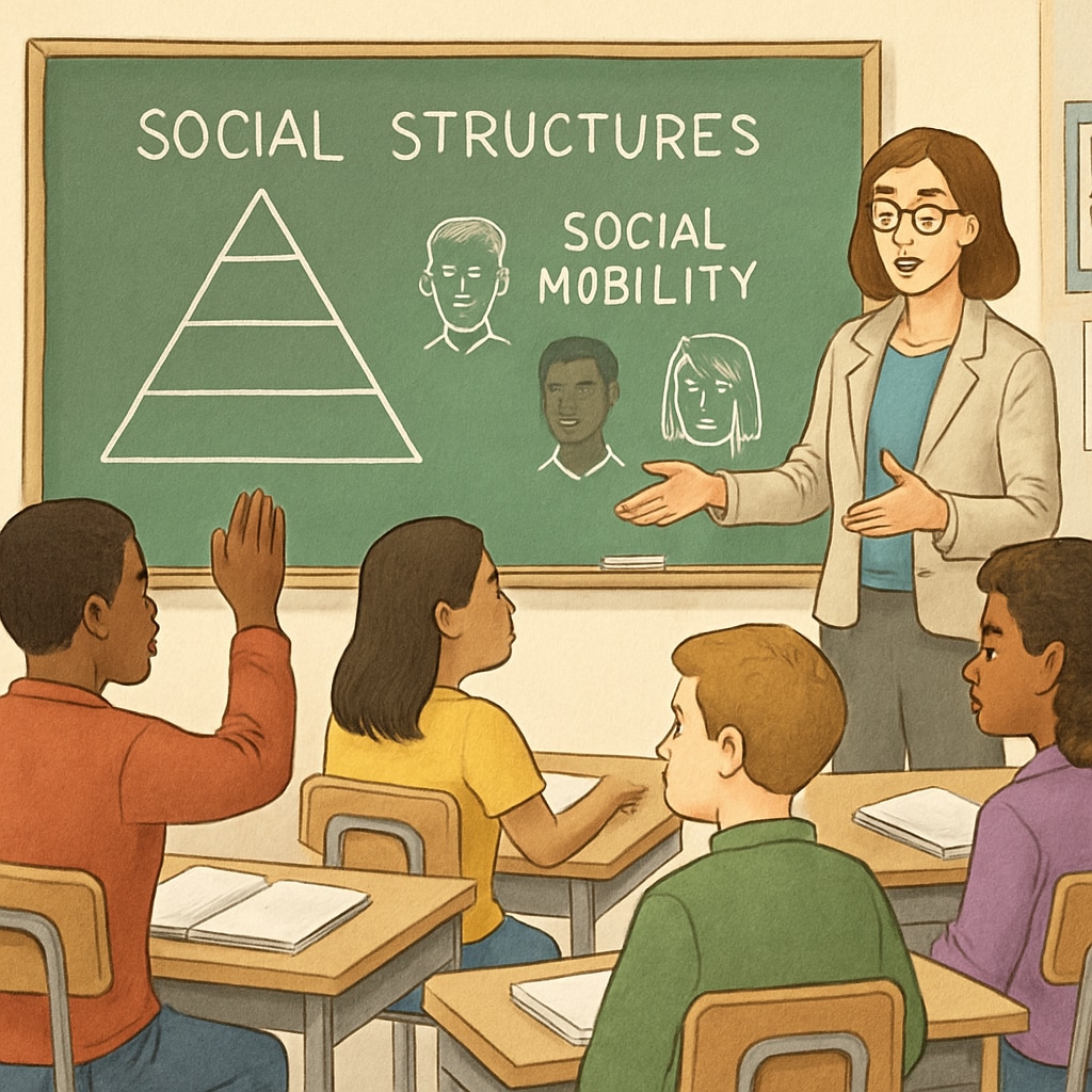 Students in a classroom, discussing a lesson on social structures with their teacher, emphasizing diverse perspectives on social mobility. Students discussing diverse perspectives on social class and mobility with their teacher.