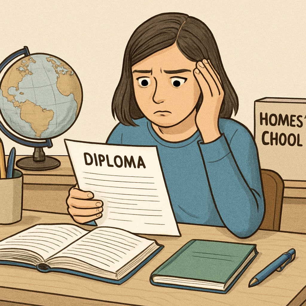 A student sitting at a desk with homeschool materials, looking concerned about diploma issues. Homeschool student worried about diploma delays.