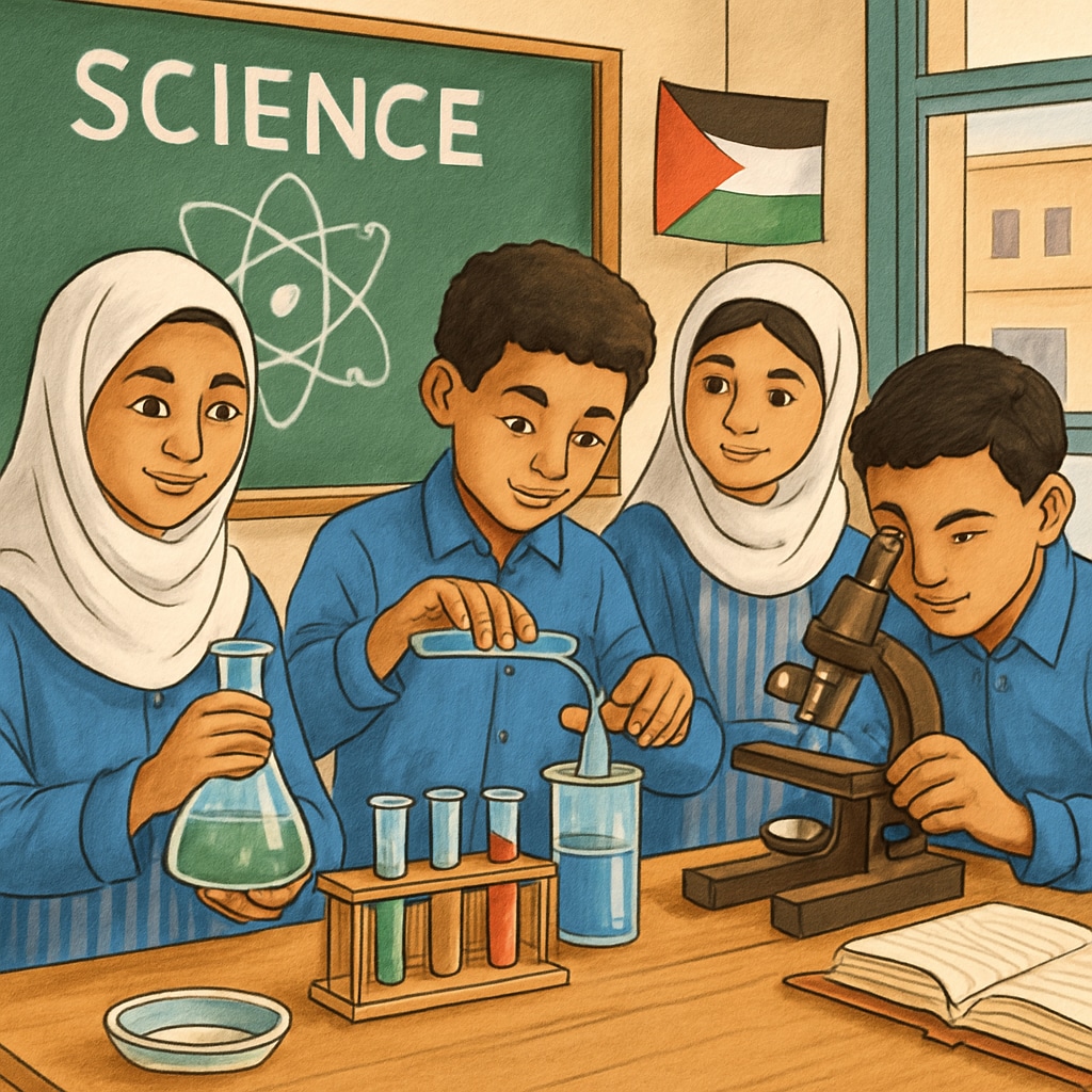 A classroom in Gaza with students engaging in science experiments, representing the importance of hands-on learning in curriculum design. Gaza classroom with students conducting science experiments, emphasizing curriculum design.