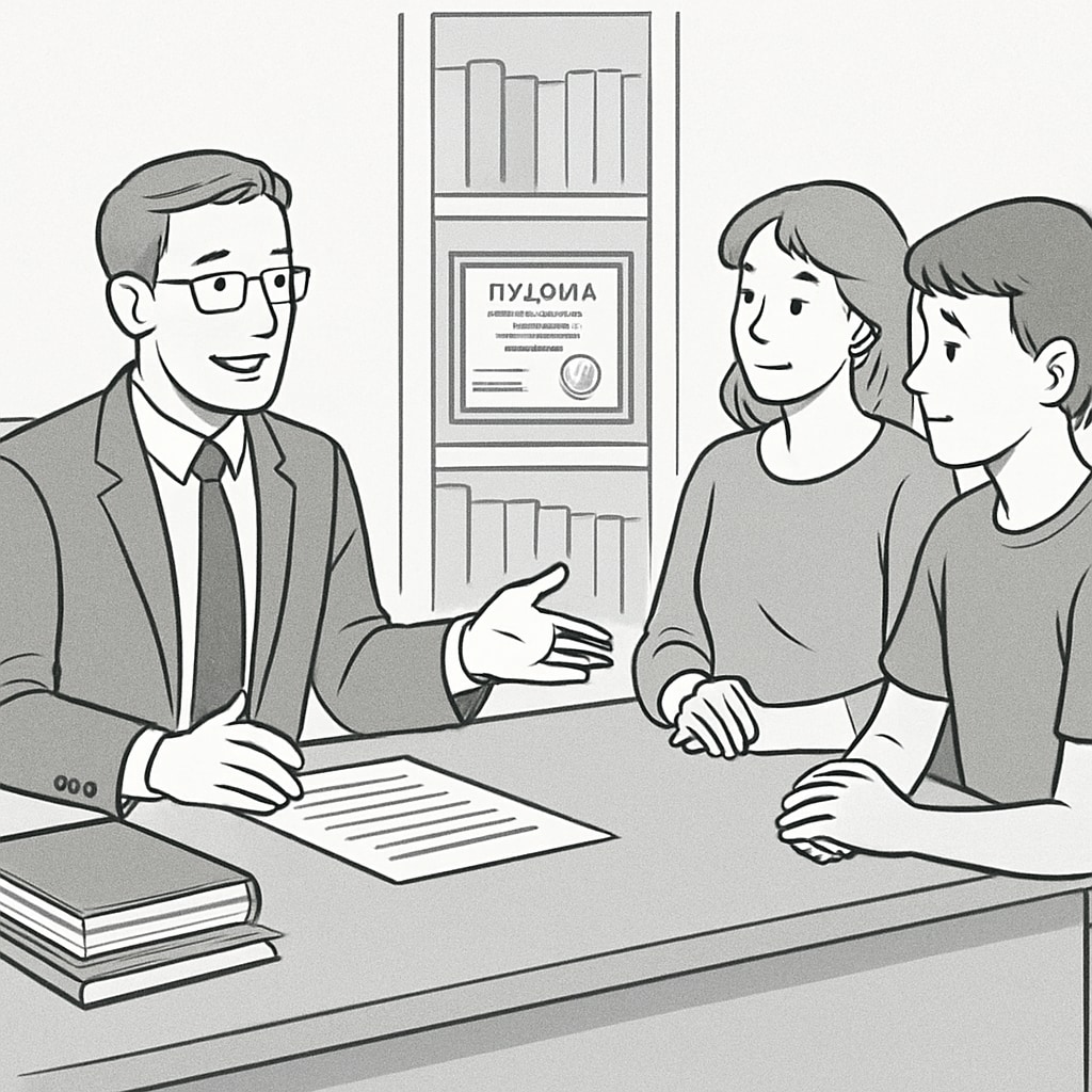 A legal advisor discussing options with a family regarding homeschool diploma disputes. Legal advisor helping a family resolve homeschool diploma challenges.