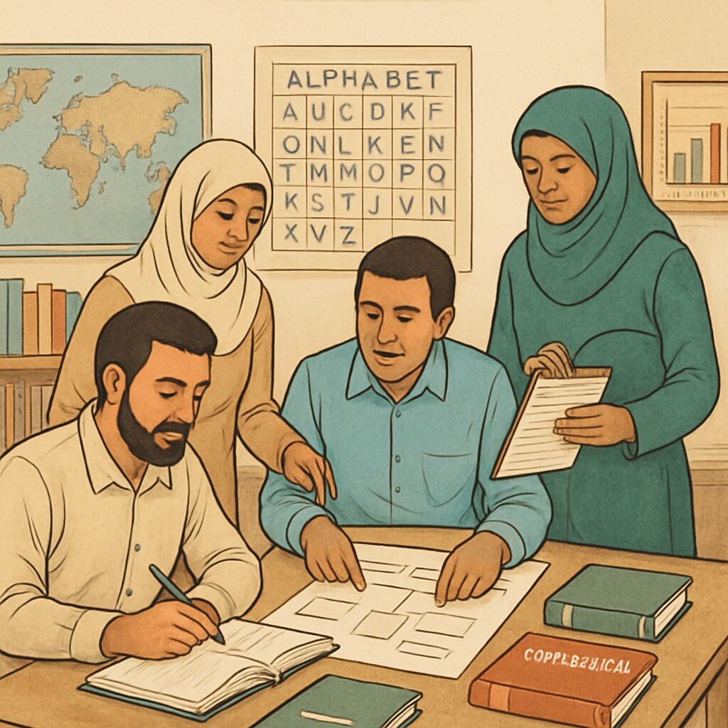Teachers in Gaza participating in a workshop on curriculum development, highlighting collaborative efforts in education rebuilding. Gaza teachers in a workshop discussing curriculum development for science and social studies.