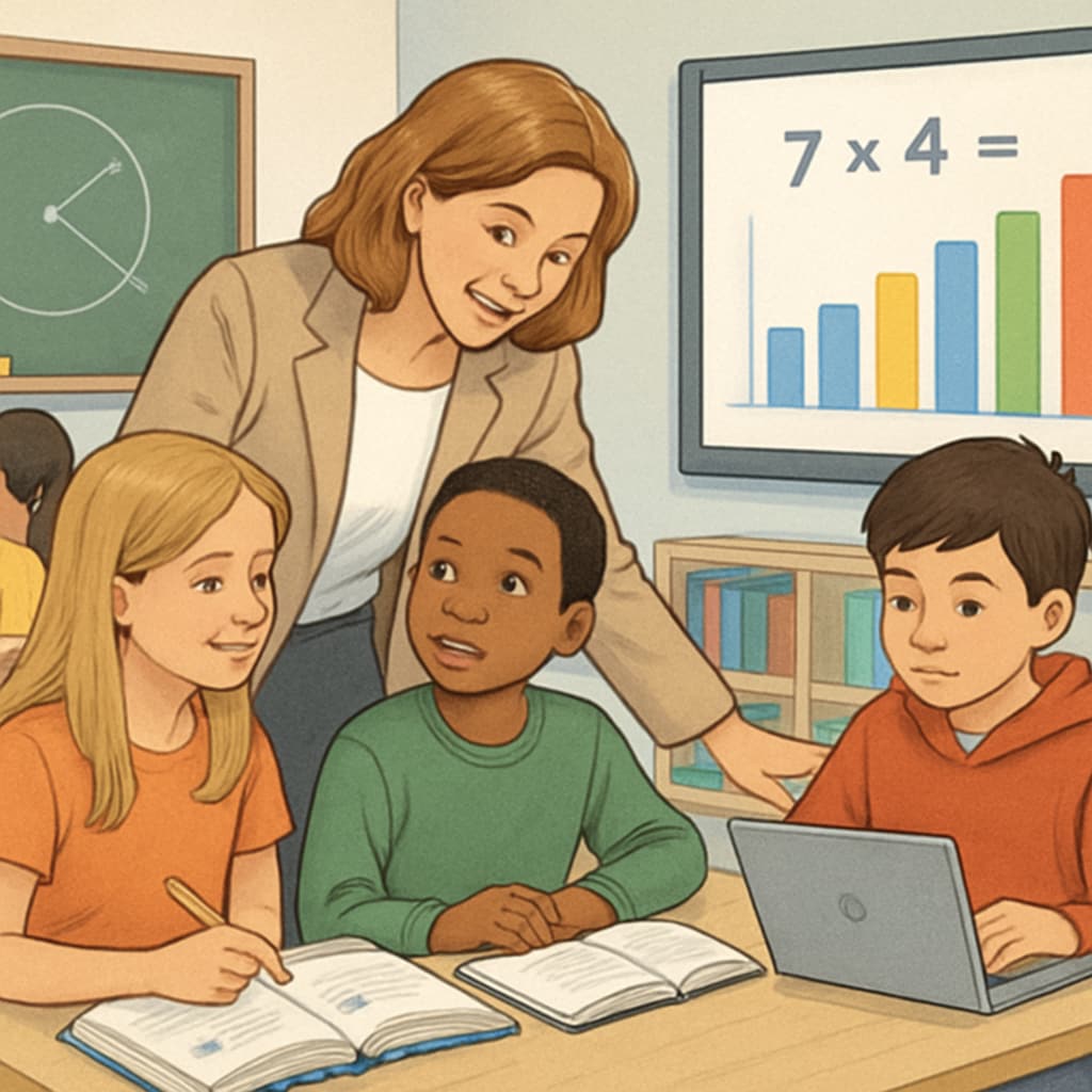 A teacher assisting students in a modern classroom setup, symbolizing active and continuous learning. A teacher guiding students in a classroom, illustrating learning continuity in year-round schooling.