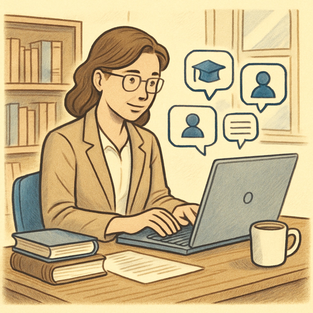 A teacher typing on a laptop, participating in an online education community. Teacher engaging with Reddit education network on a laptop.