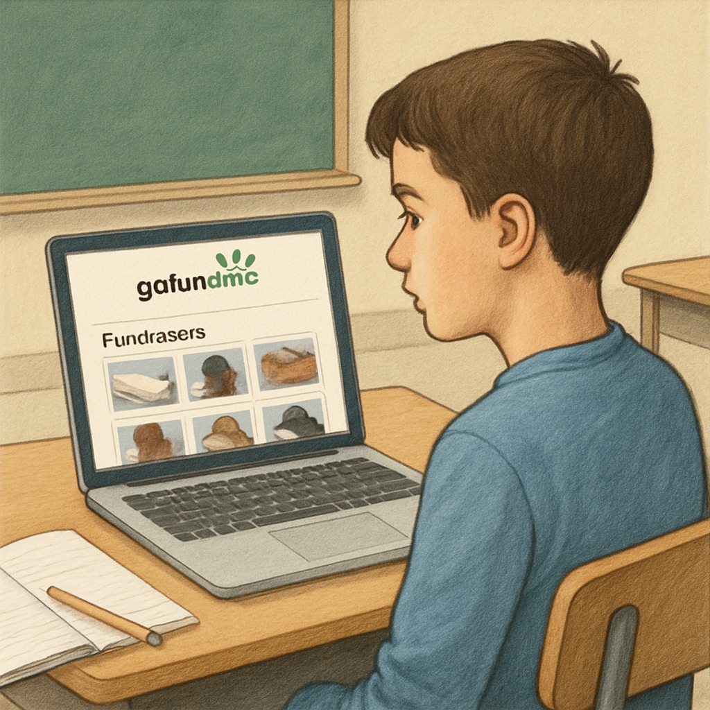 A young student sitting at a desk, looking at a laptop screen with the GoFundMe website open. Student browsing GoFundMe to fund tuition costs