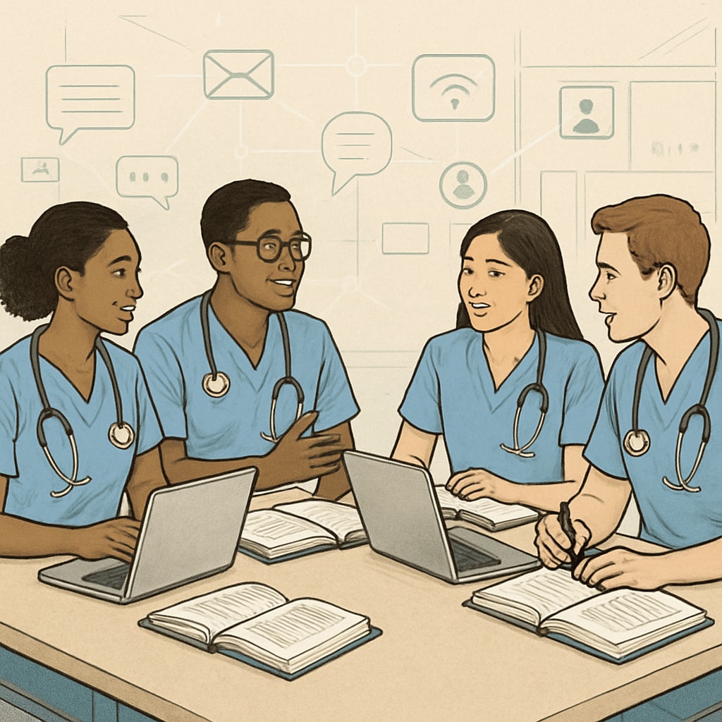 A diverse group of nursing students collaborating in a digital study session, symbolizing the inclusivity and accessibility of online learning networks. Nursing students collaborating in a digital study session using Discord.
