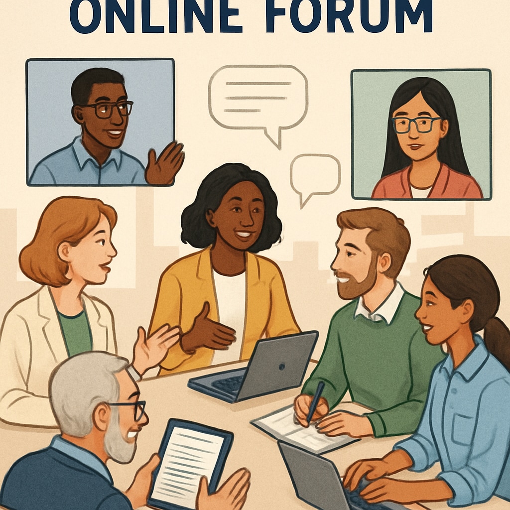 A collaborative online forum with diverse educators engaging in discussions. Educators in an online forum sharing resources and strategies.