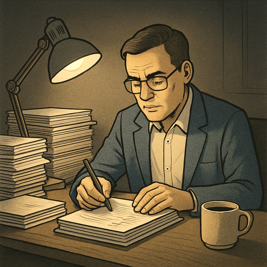 A teacher grading papers late at night, surrounded by stacks of assignments. This image emphasizes the demanding workload educators face, highlighting their struggle for balance and support. Teacher grading papers late at night, representing workload challenges in education.