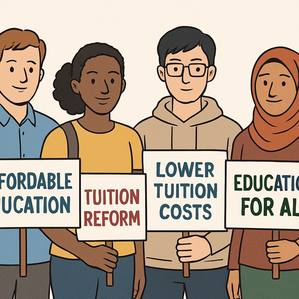 A group of diverse students holding signs with messages about affordable education and tuition reform. Students advocating for affordable tuition and funding reform