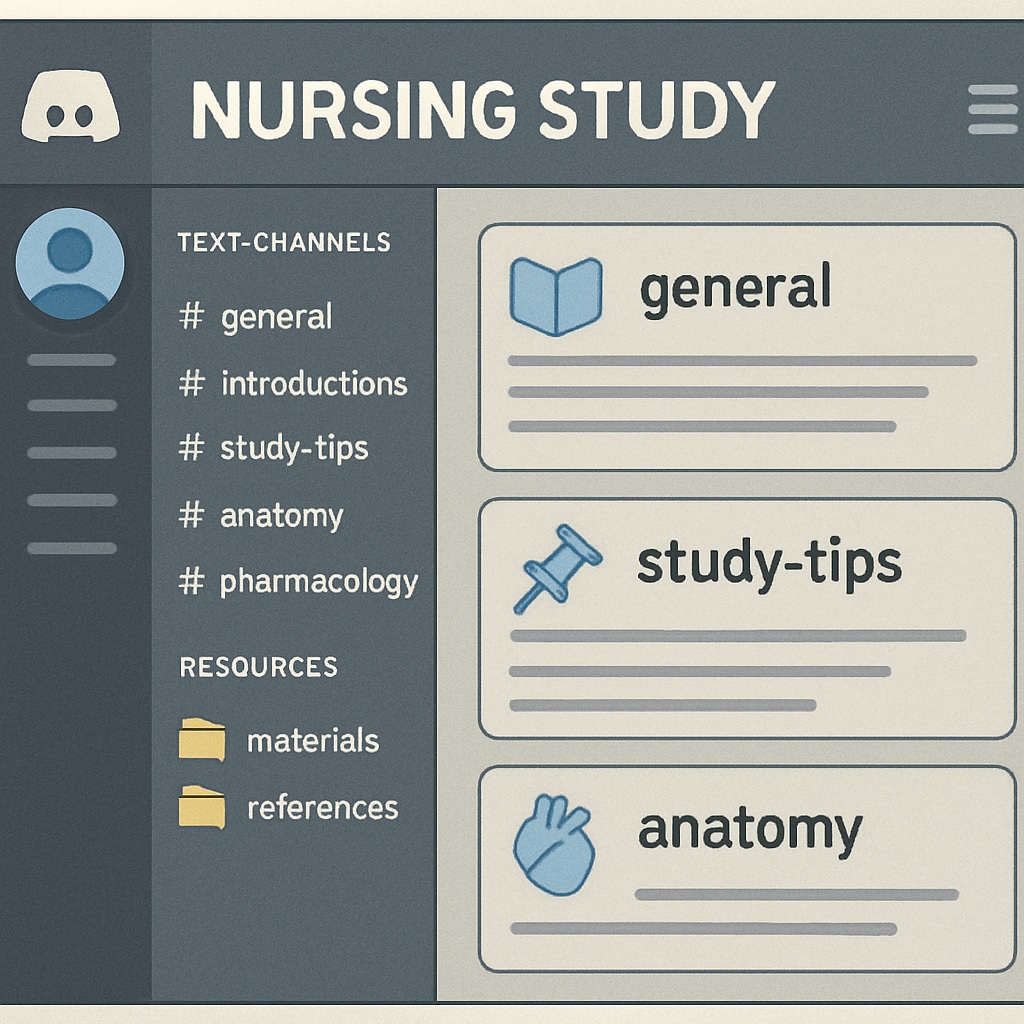 A screenshot of a well-organized Discord server for nursing study groups, showcasing topic-specific channels and resources. Discord server screenshot for nursing study groups with organized channels.