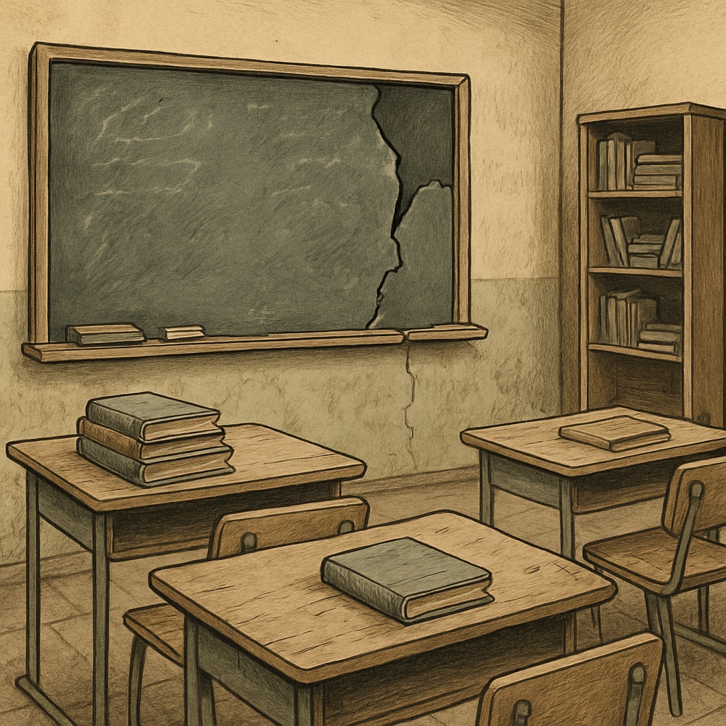 A poorly equipped classroom with outdated materials, illustrating resource challenges faced by educators. The image draws attention to inequalities in educational environments. Poorly equipped classroom with outdated materials, symbolizing resource disparities in education.