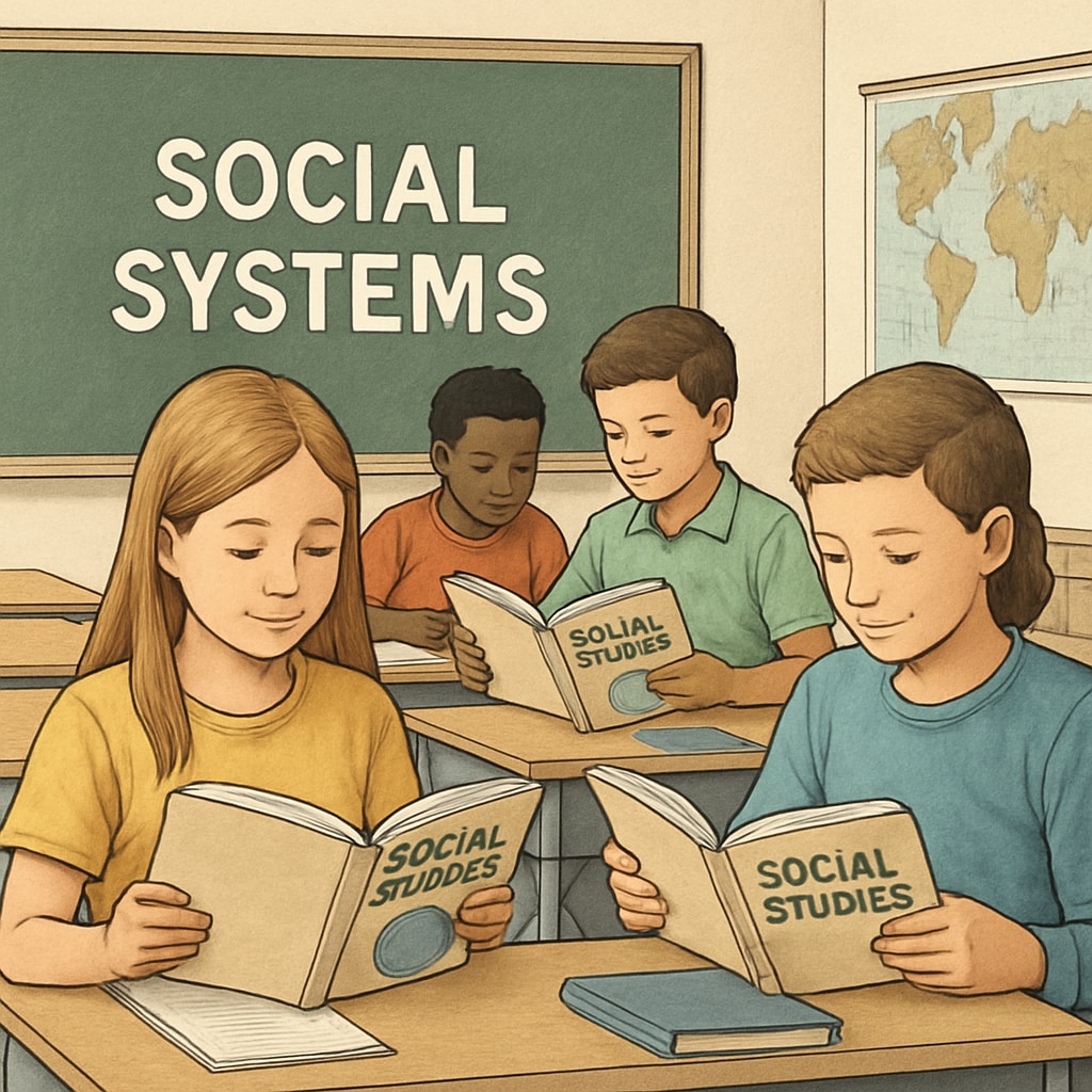 A classroom with students studying a social studies textbook, emphasizing the role of education in understanding societal systems. Students in a classroom engaging with a social studies textbook discussing class structures.