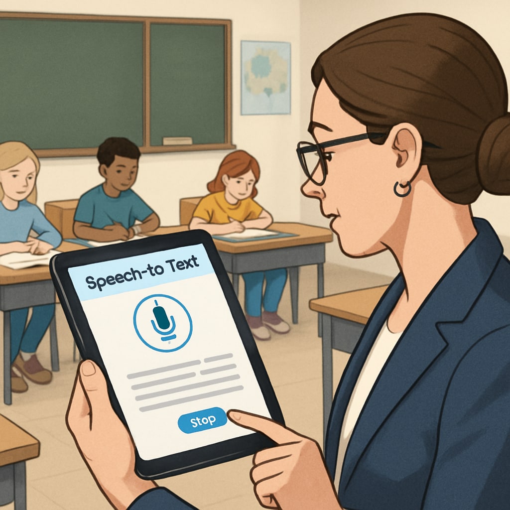 A teacher using a speech-to-text application on their tablet to document classroom observations. The image showcases the practical integration of technology in education. A teacher utilizing WillowVoice for classroom observation documentation.