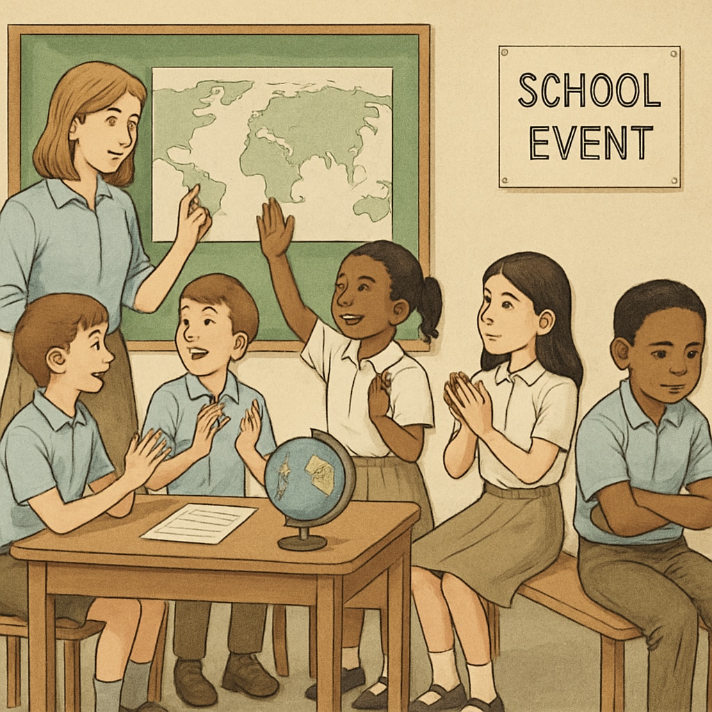 A group of students participating in a school event, with some visibly excluded or left out due to economic disparities. Students at a school event, highlighting inequalities in participation due to fundraising practices.