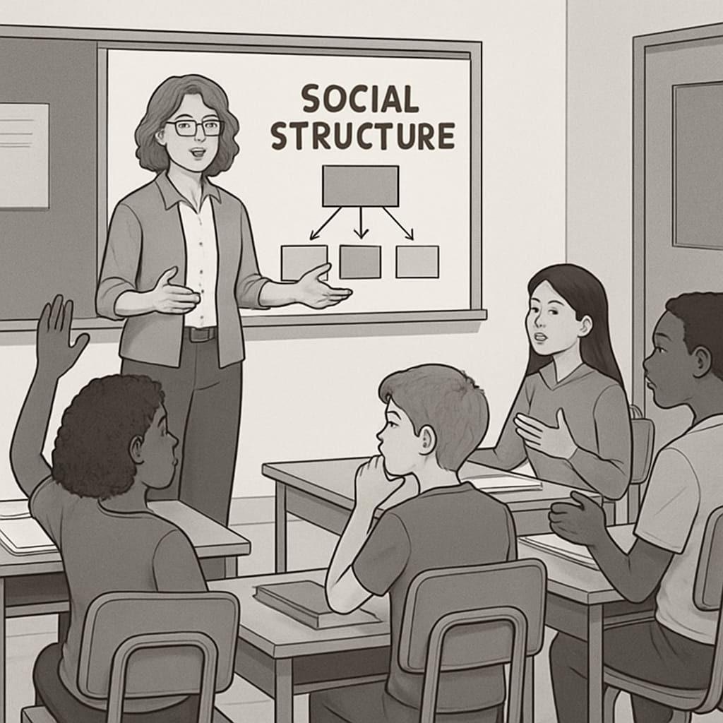 A teacher leading a classroom discussion on societal structures, with students actively engaging in critical thinking exercises. A teacher facilitating a discussion on social stratification and societal hierarchies.
