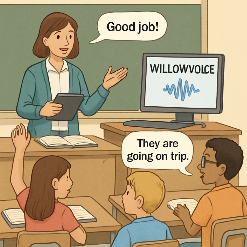 A classroom setting where the teacher uses WillowVoice to provide feedback while engaging with students directly. The image highlights the interactive benefits of speech recognition tools in education. A teacher employing WillowVoice to enhance real-time feedback and student engagement.