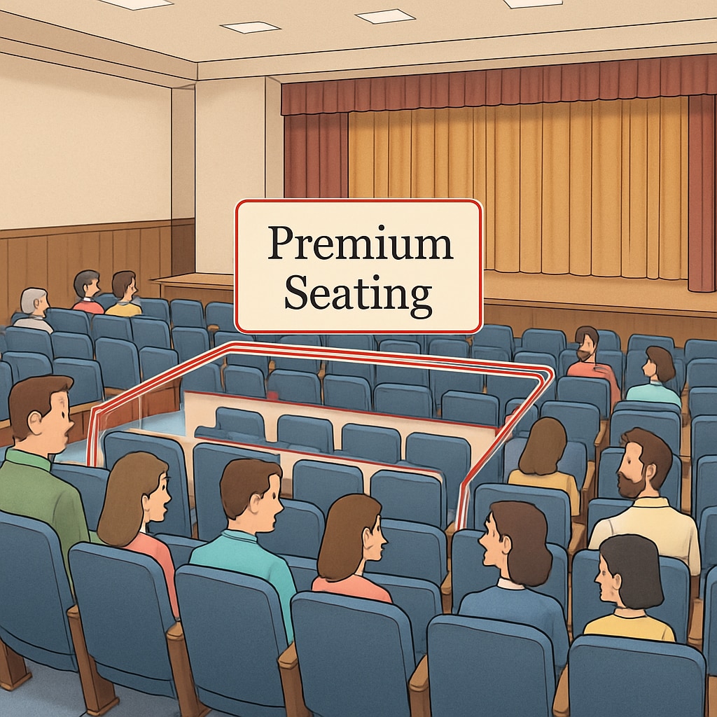A school auditorium with designated premium seating areas for high-level donors, while other families sit in standard sections. School auditorium with premium seating for donors, illustrating economic privilege.