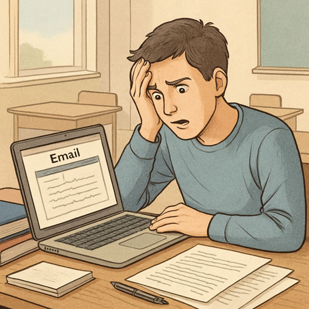A student sitting in front of a laptop, looking distressed after receiving an email about plagiarism accusations. A distressed student facing plagiarism accusations.