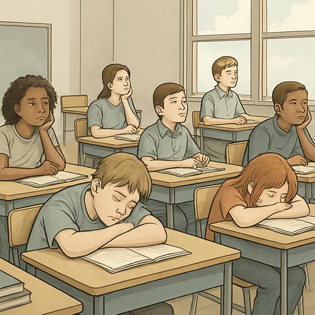 A group of students sitting in a classroom, visibly disengaged, with some staring out the window or resting their heads on desks. Disengaged students in a classroom highlighting the issue of student boredom.