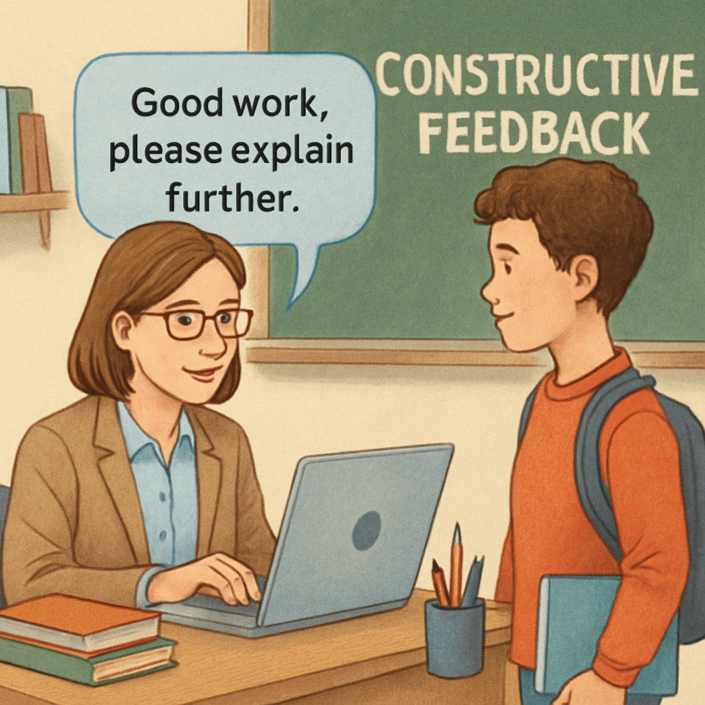 A teacher using a speech-to-text tool on a laptop to provide student feedback. Teacher using speech-to-text technology to enhance student feedback efficiency.