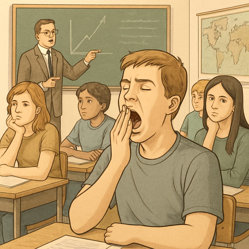 A student yawning during a lecture while peers appear disengaged, emphasizing the widespread nature of boredom in classrooms. A yawning student in a classroom illustrating the impact of boredom on engagement.