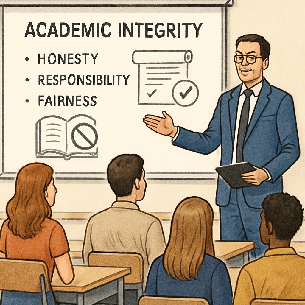 A classroom setting where a professor is giving a presentation about academic integrity to students. A professor teaching students about academic integrity.