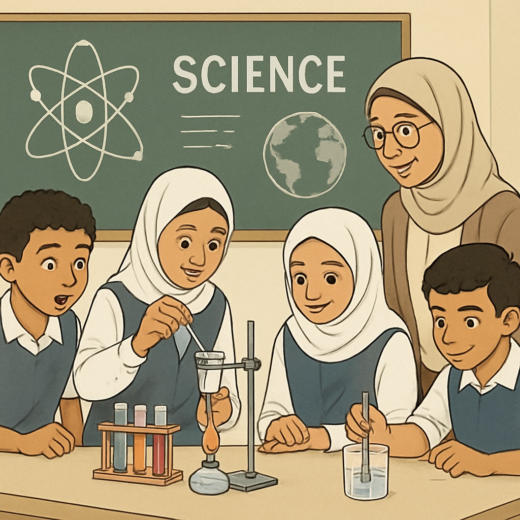 Gaza classroom science experiment with students and teacher