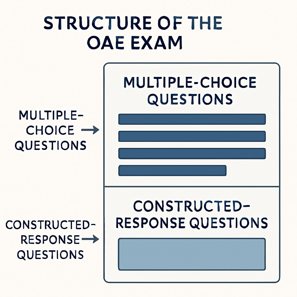 A diagram depicting the structure of the OAE exam, including multiple-choice and constructed-response sections. Diagram showing the structure of the OAE exam