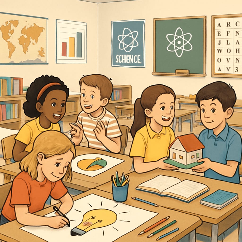 A classroom setting where students are engaged in project-based learning, emphasizing collaboration and creativity. Students working collaboratively in a classroom, showcasing alternative assessment methods.