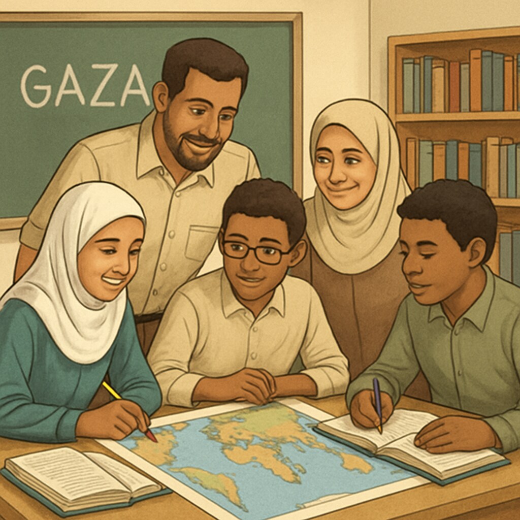 Gaza students and teachers working together on a social studies project