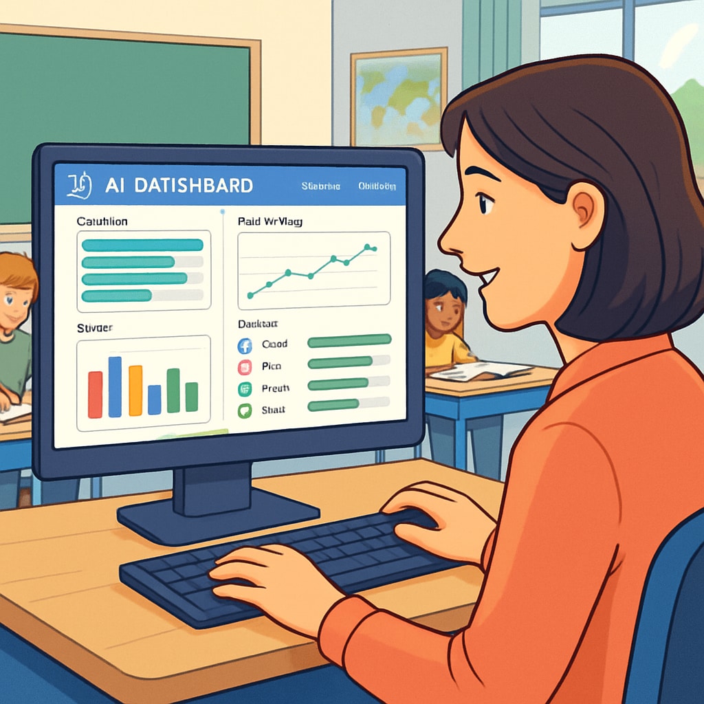 A teacher using an AI dashboard to monitor student progress and performance in real-time. Teacher analyzing student data through an AI-powered dashboard in a classroom.