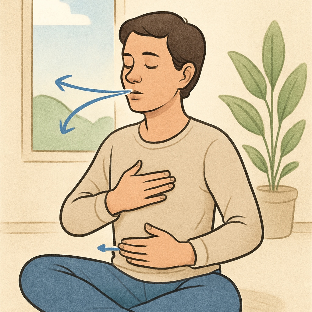 A person practicing relaxation techniques, such as deep breathing, in a calm and serene environment. Person practicing relaxation to manage test anxiety related to OAE exam