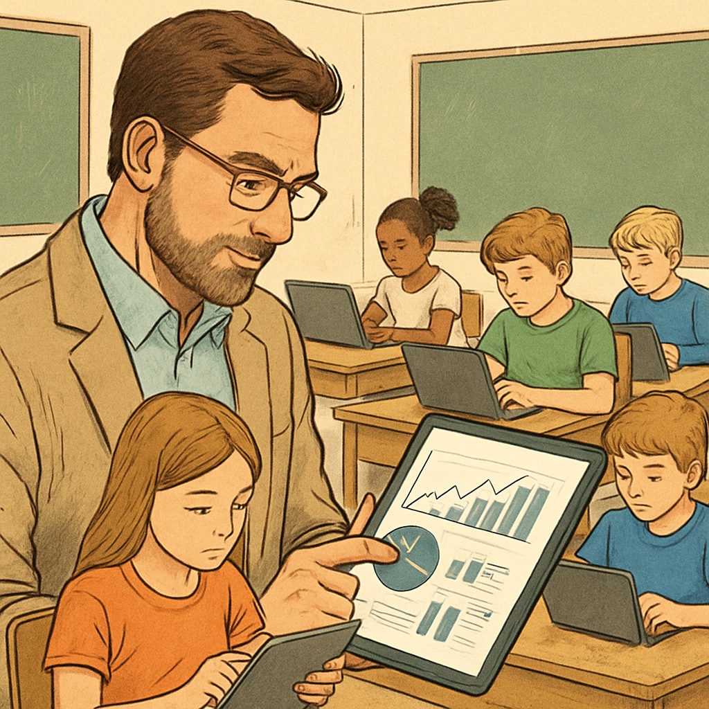 A teacher using a tablet to analyze real-time learning data, while students work independently on digital devices. A teacher analyzing real-time learning data to personalize student instruction.