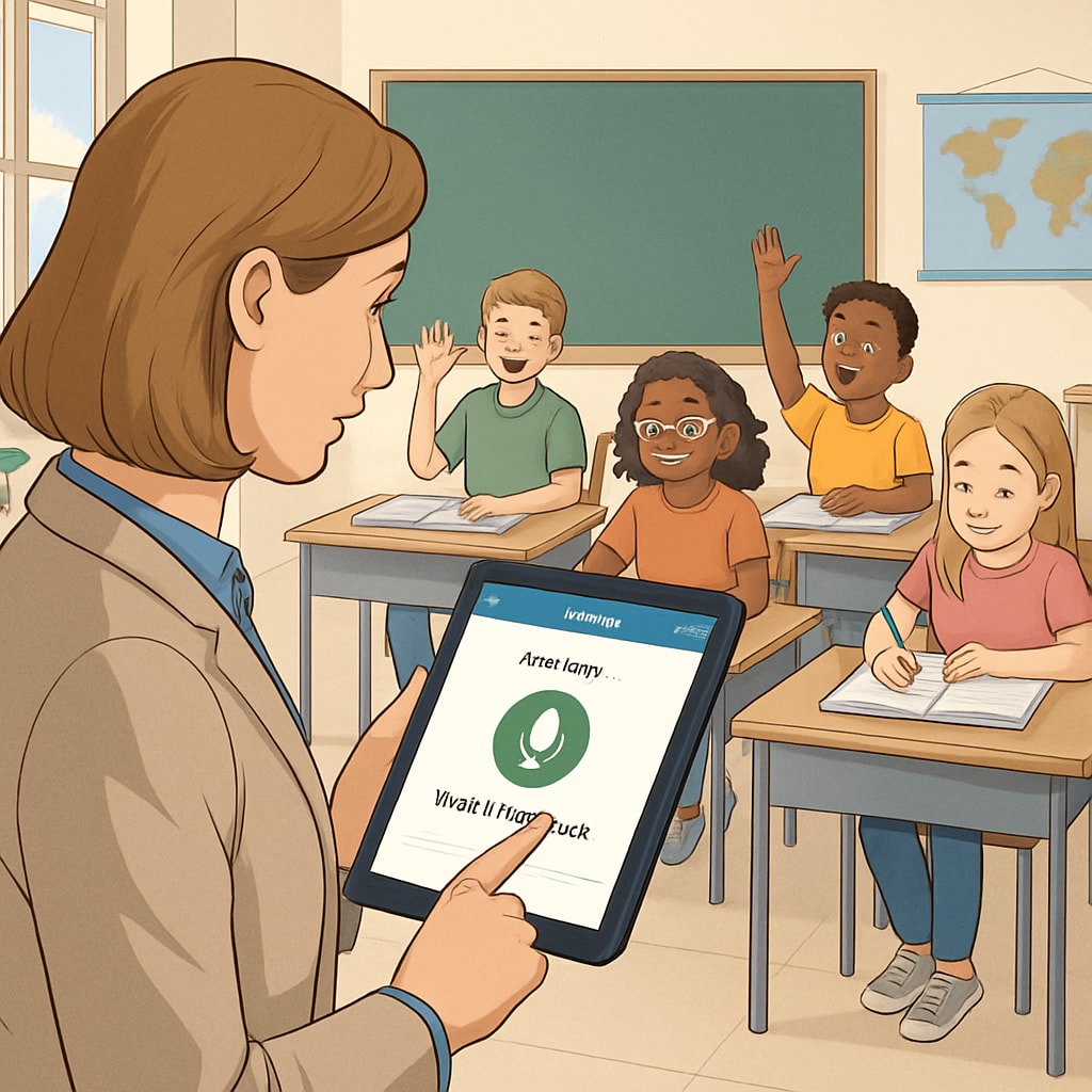 A teacher using WillowVoice speech-to-text software on their tablet during class to record student feedback. The image shows a classroom environment with students actively engaged. Teacher leveraging WillowVoice for speech-to-text transcription in a classroom setting