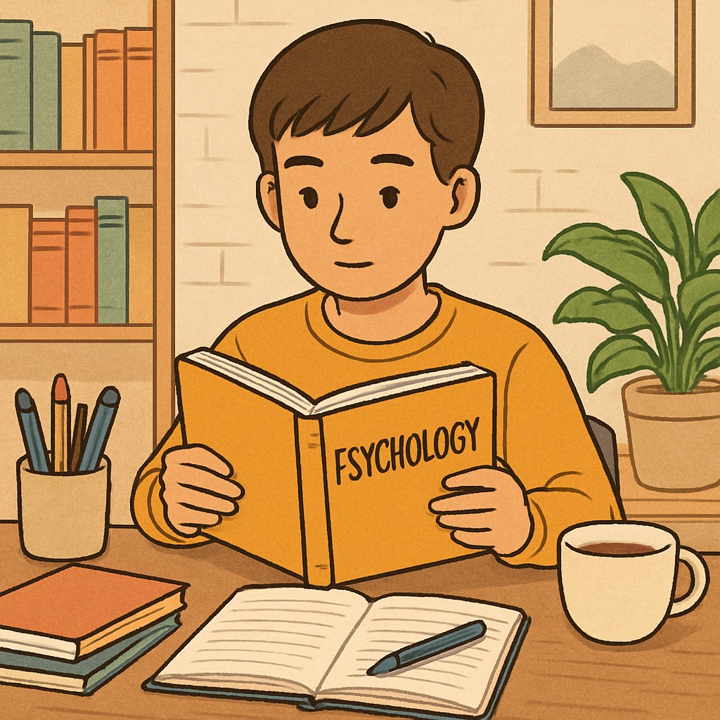 A young student reading a psychology book in a cozy study environment. Student reading a book about psychology and philosophy.