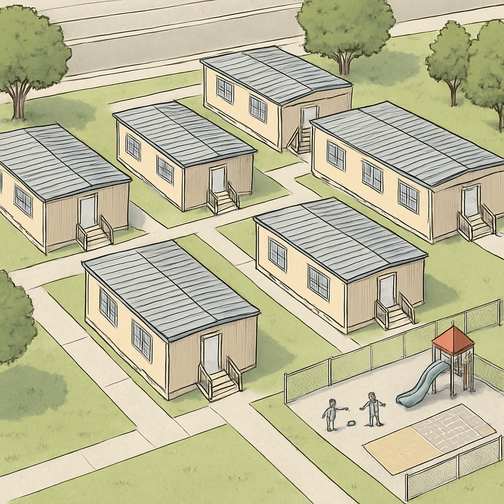 Temporary school campus with portable classrooms and limited playground facilities.