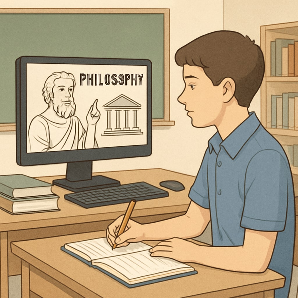 A high school student taking notes while watching an educational video about philosophy. Student watching an online video about philosophy and taking notes.