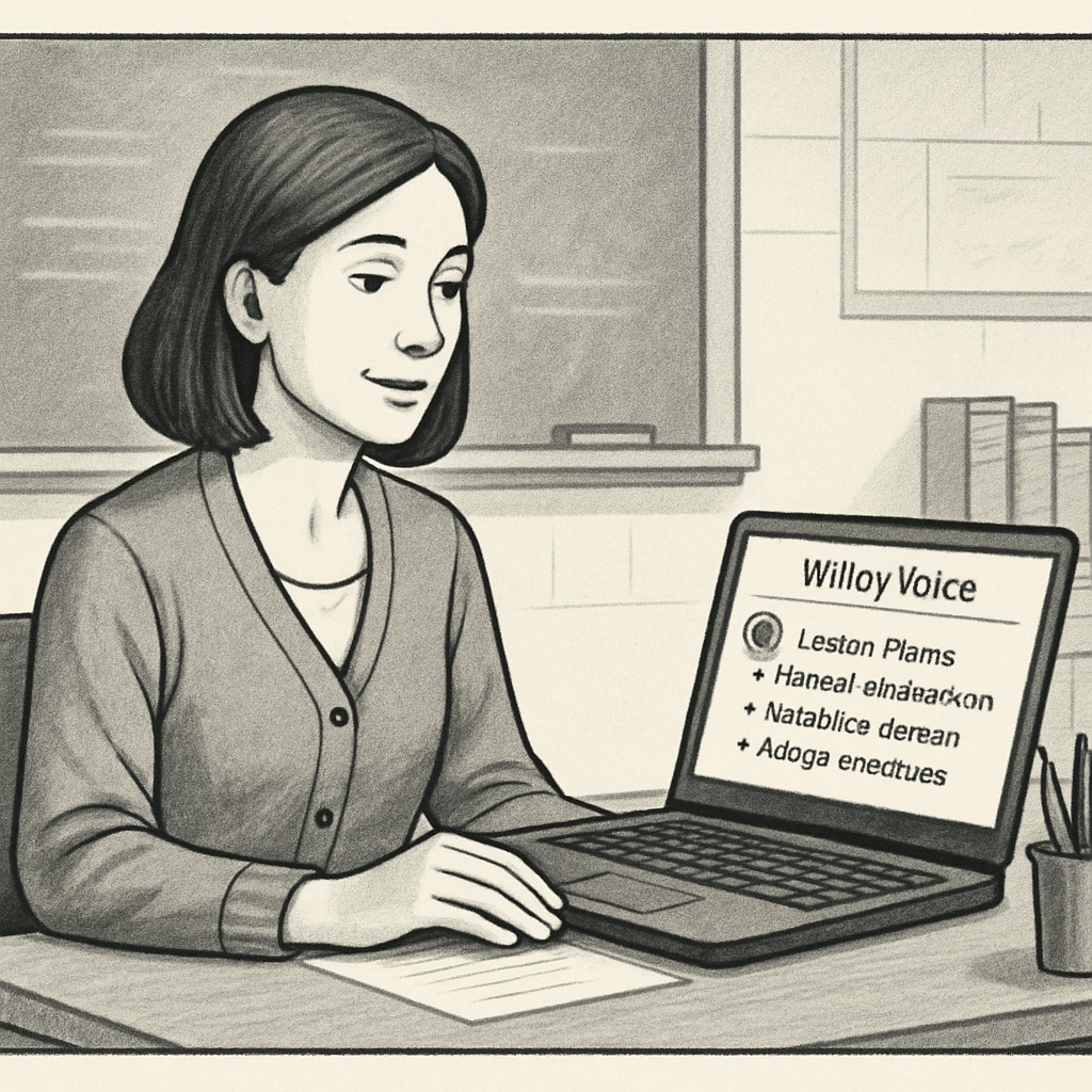 A teacher using WillowVoice to dictate lesson plans, with a laptop screen showing transcribed notes. The image highlights the ease of lesson planning with speech-to-text technology. WillowVoice enhancing lesson planning with speech-to-text capabilities