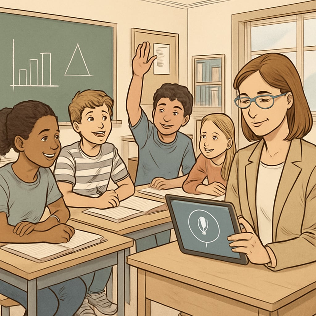 Teachers and students benefiting from voice recognition in interactive learning.