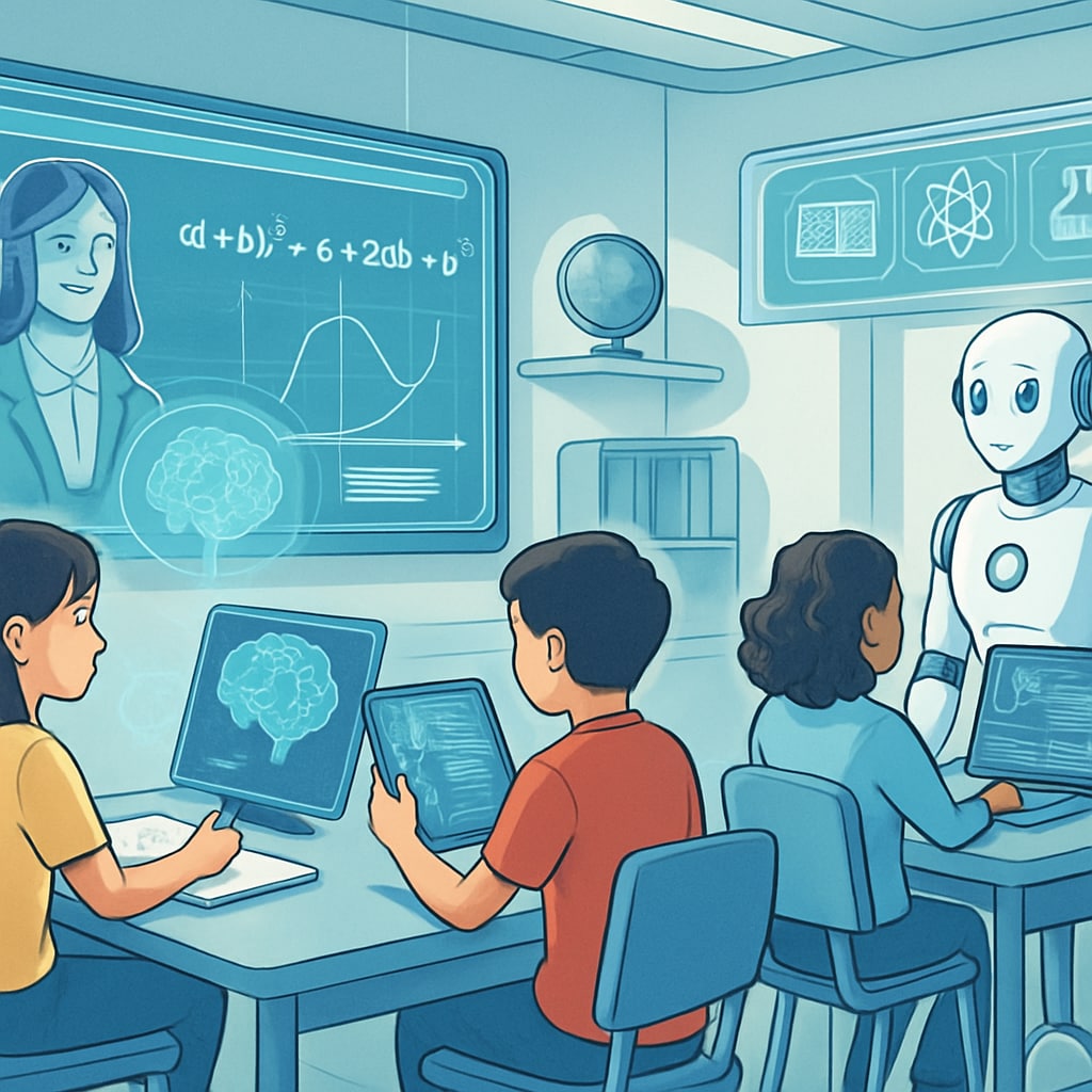 AI-powered classroom with students interacting with virtual tutors
