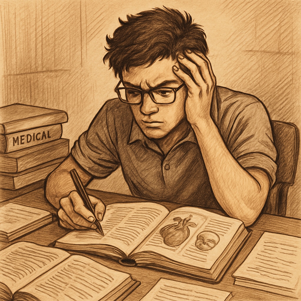 Student with learning disabilities studying medical materials with determination.