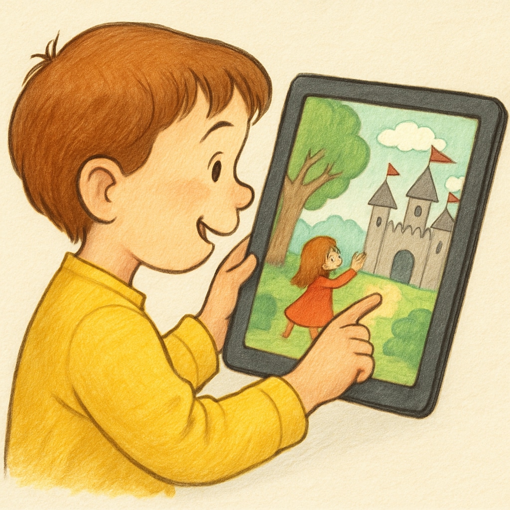 A child engaging with a tablet screen featuring an interactive storybook. The image captures the joy of reading through technology and is ideal for portraying the app’s immersive features. A child using a children's reading app with interactive story elements.