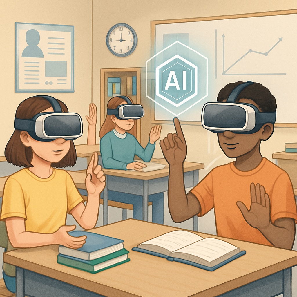 Students using VR headsets for AI-driven learning modules in a classroom